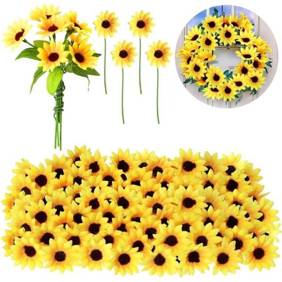 50 Pieces Mini Artificial Sunflower Heads w/ Iron Wire for Home Party Decoration - Picture 1 of 7